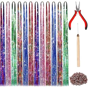 47 Inches Tinsel Hair Extension with Tool 2400 Strands 6 Mixed Colors Hair Extension Tinsel Kit Glitter Hair Extensions…