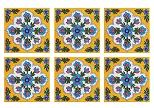 Shiv Kripa Blue Pottery Luxury Flooring Wall Crafted Interior Exterior Tabletop 4 x 4 inch Tiles Pack of 6 Tiles (Yellow & Multi)