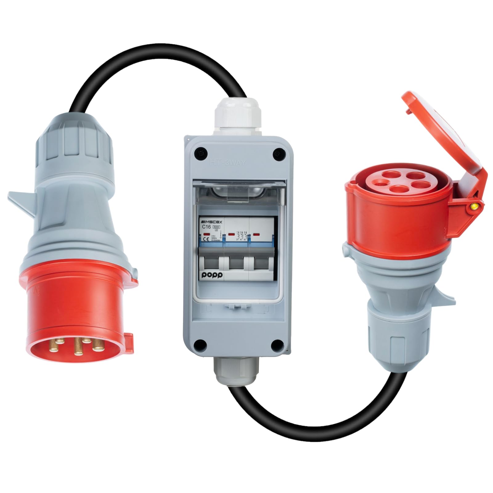 Adaptateur CEE 32A prise sur 16A prise femelle avec interrupteur LS, triphasé, 380-415V, 5 pôles, H07RN-F 5G 2,5mm² câble, IP44 étanche