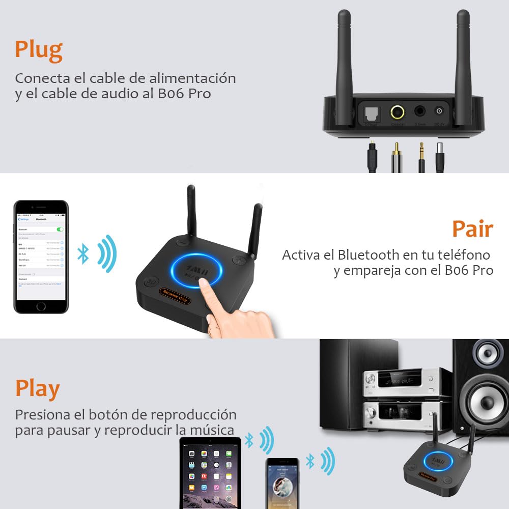 1Mii Receptor Bluetooth 5.3 HiFi, Adaptador Audio Bluetooth Control Volumen, Salida Óptica AUX 3.5mm, Coaxial, 3D Surround con aptX LL de Baja Latencia para Altavoces, Estéreo Hogar, Largo Alcance