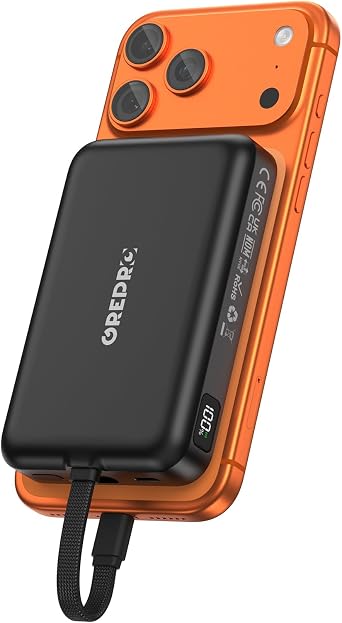 GREPRO Magnetic Power Bank, 10000mAh Built-in 22.5W USB-C Cable for iPhone