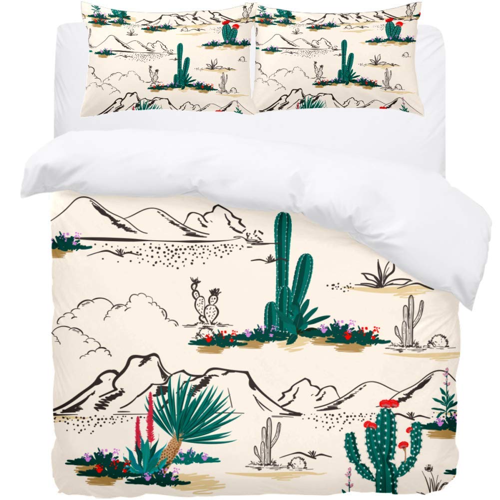 LORVIES 3Pcs Bed Sheet Set Quilt Set Microfiber Comforter Cover with Pillow Shams, Cactus and Flowers Queen/Twin/Full/King Sheets