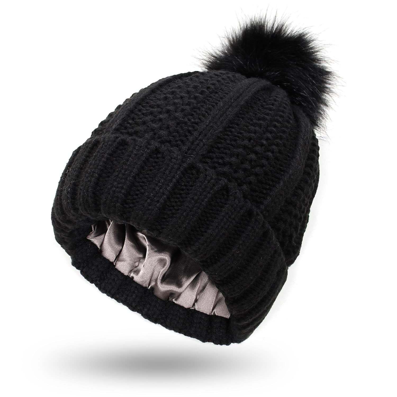 Women Knitted Beanie with Satin Lining Pom Pom Winter Warm Cap Bobble Hat (Black)