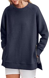 TURWXGSO Womens Side Zip Sweatshirt Tops Oversized Solid Color Crewneck Sweatshirt Relaxed Loose Long Sleeves T-shirt Blouse Round Neck Sweatshirts Pullover Casual Tops