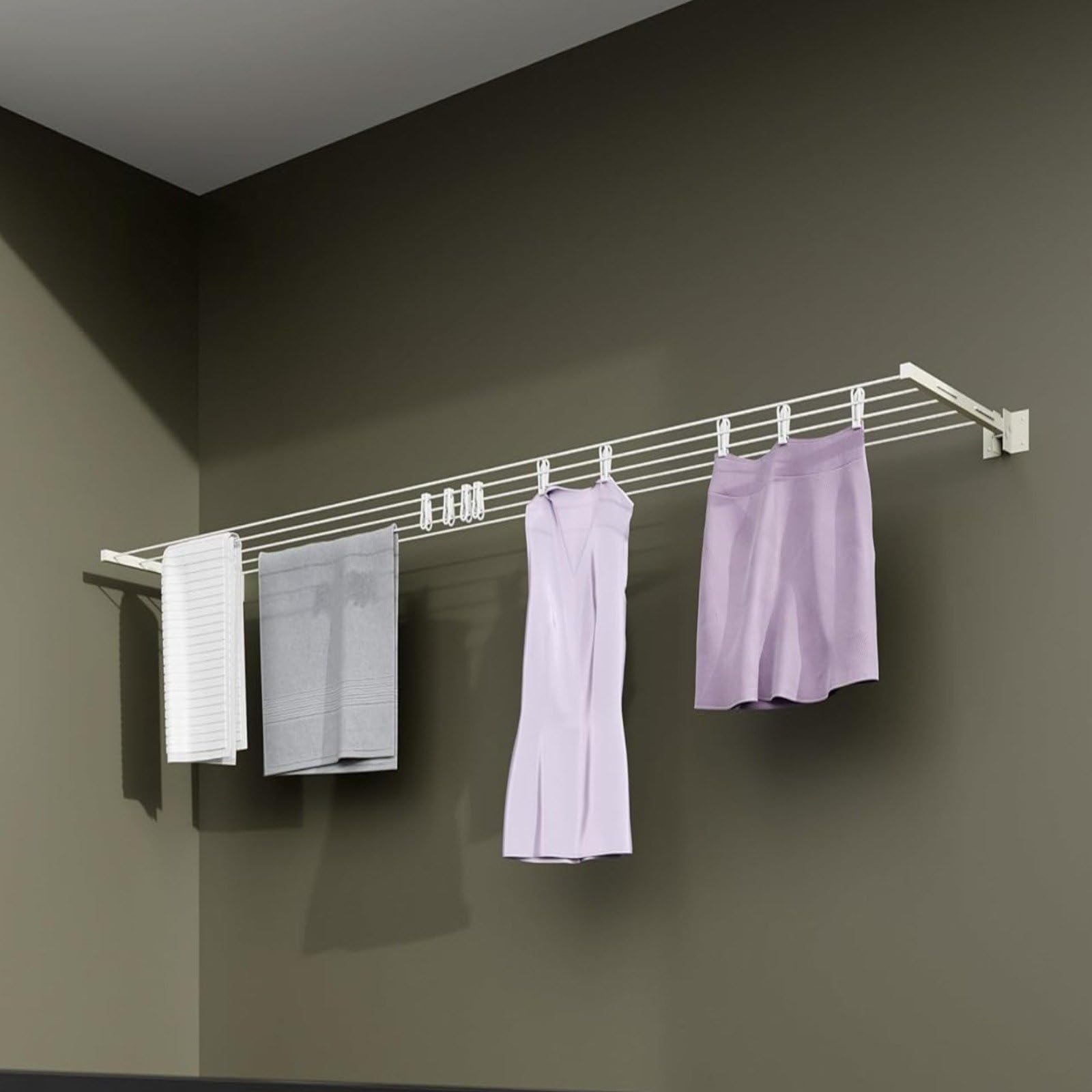 SOROS Metal Wall Mounted Clothes Drying Rack (40FT X 4ROD, Ivory) | Balcony Cloth Hanger for Drying - Collapsible Wall Clothing Rack - Indoor & Outdoor Shirt, Dress, Towel, Etc...-image-31
