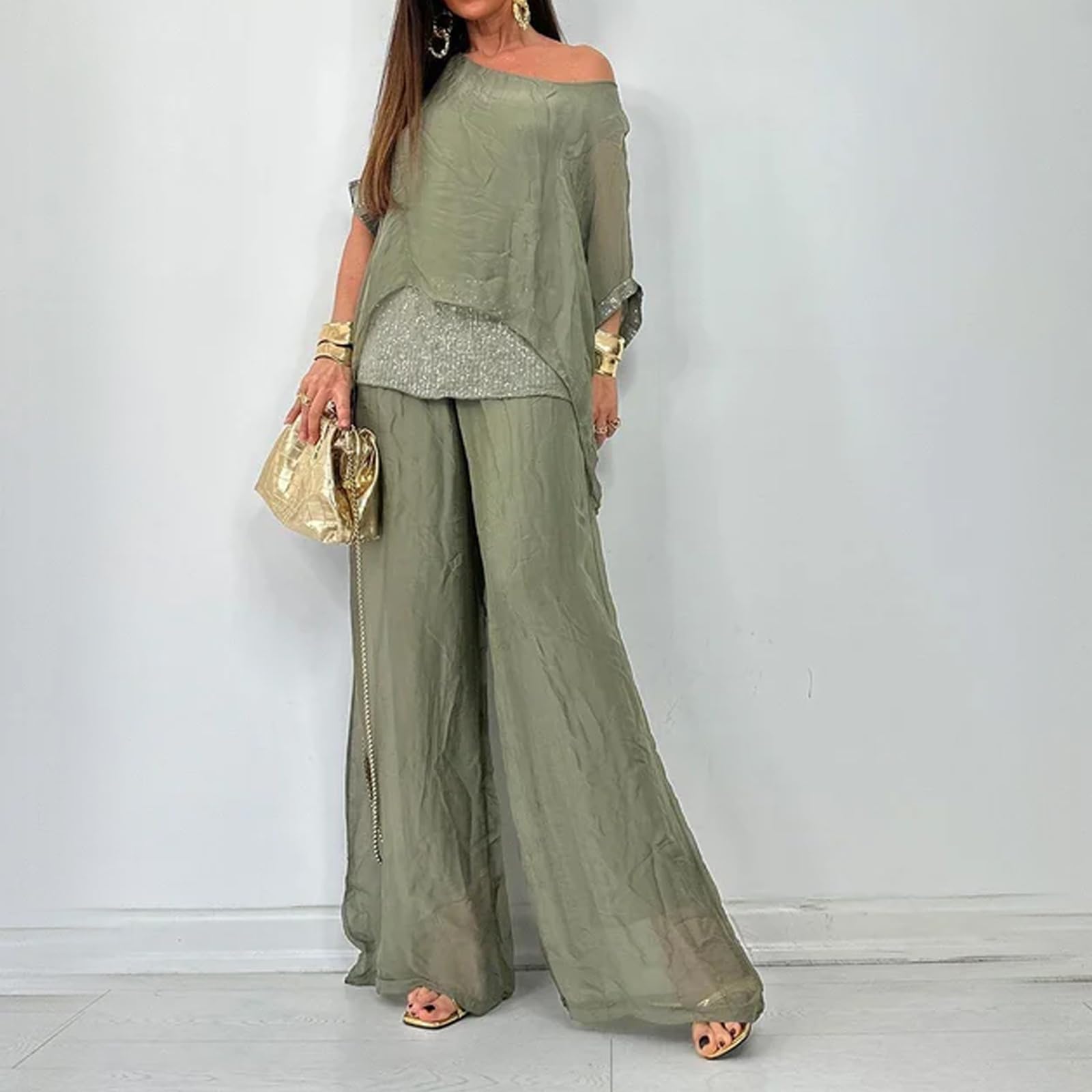 Traje casual de gasa con lentejuelas para mujer, elegante pantalón de gasa de pierna ancha, conjunto de dos piezas para boda de mujer