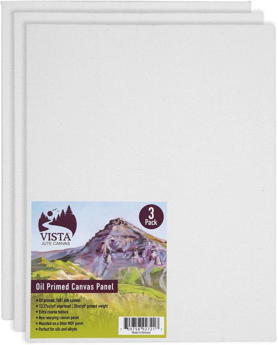 Vista Jute Oil-Primed Canvas Panels - 5"x7", 12 Pack - Blank Canvas for Traditional Oils, Eco Friendly, 100% Jute, Triple Primed, Extra Coarse Texture, Ideal for Dry Brush and Impasto Techniques