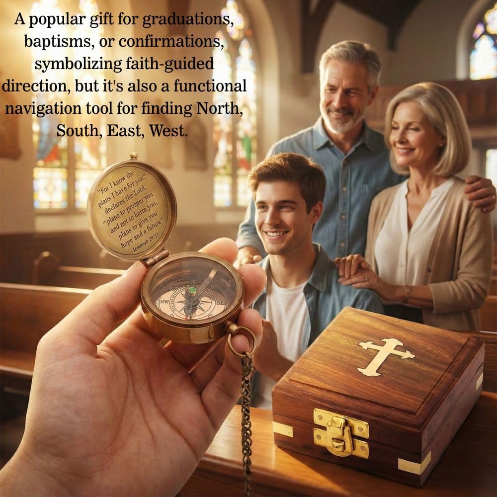 Compass – Brass Directional Vintage Compass Engraved with “for I Know The Plans I Have for You – Jeremiah 29:11” Communion Christian Gifts for Women/Men, Nautical Handmade Antique Décor Baptism Gifts - Image 4