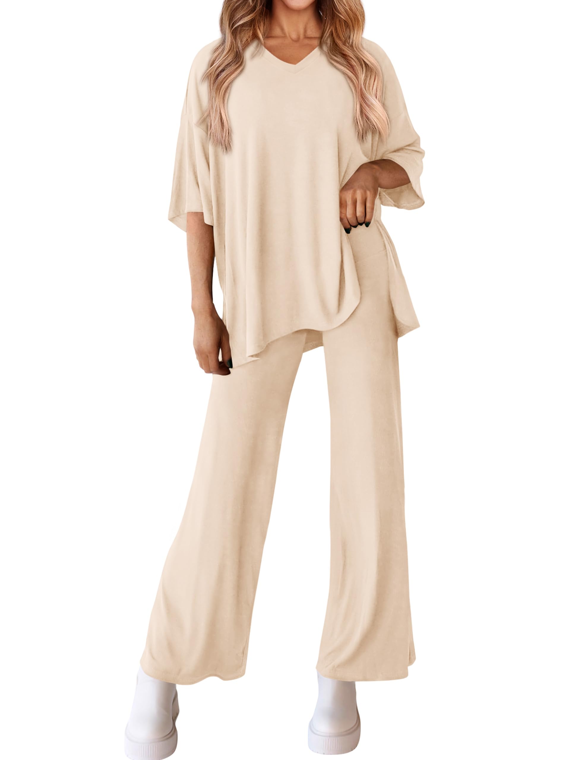 MASCOMODA Completo estivo da donna, 2 pezzi, a maniche corte, scollo a V, gamba larga, pantaloni lunghi, tuta casual
