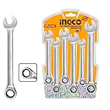 INGCO Industrial Ratchet Spanner Set 8-17mm, 6 Pcs,Material: Chrome Vanadium (CR-V), CR-MO (72T), Included Sizes: 8 mm, 10 mm, 12 mm, 13 mm, 14 mm, 17 mm, Finish: Fine polished, Model : HKSPAR1062