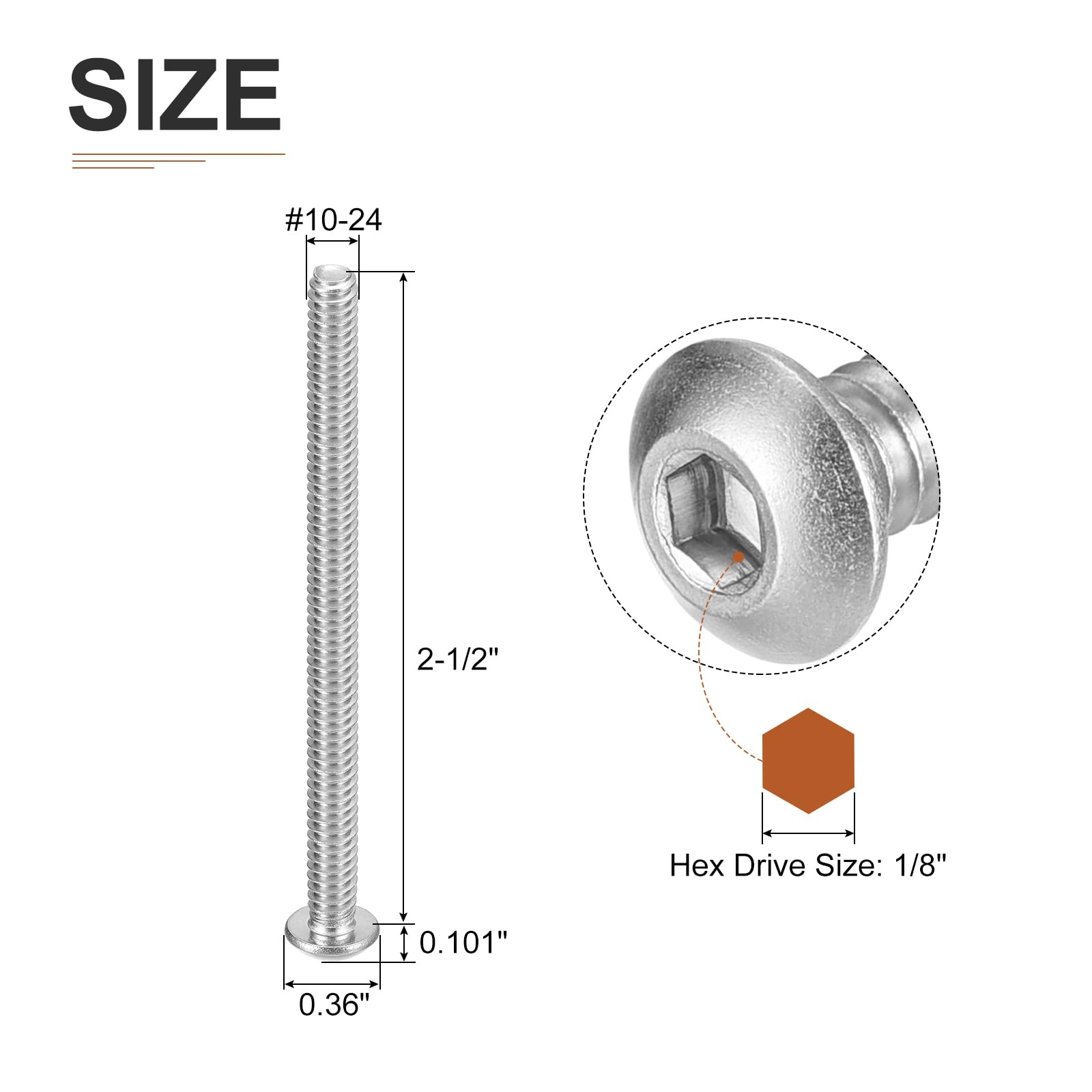 DTGN #10-24x2-1/2" Button Head Socket Cap Screws, 20Pack, Good for Machine, 304 Stainless Steel 18/8 - Image 2