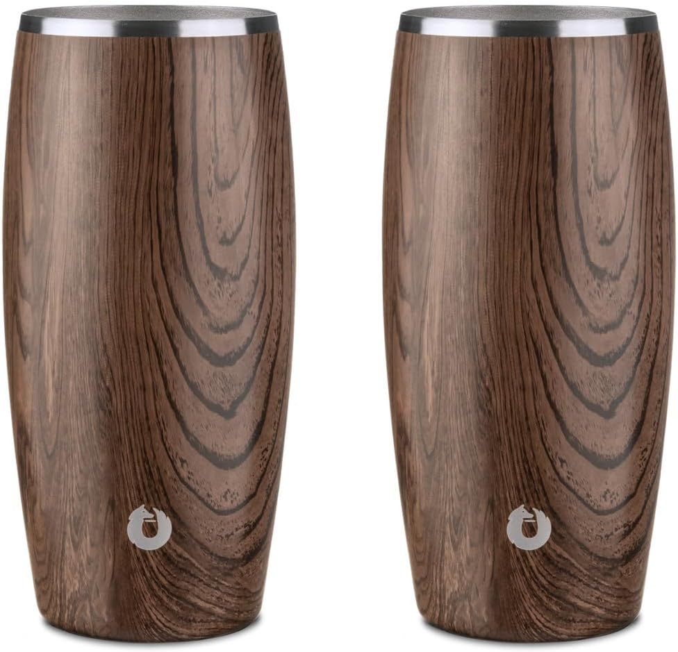 SNOWFOX Premium Vacuum Insulated Stainless Steel Beer Glass, Home Bar Accessories, Elegant Bartending, Lightweight Pint Glasses, Sleek Drinkware, Frosty Beverages Stay Cold, 18oz, Set of 2,Dark Walnut