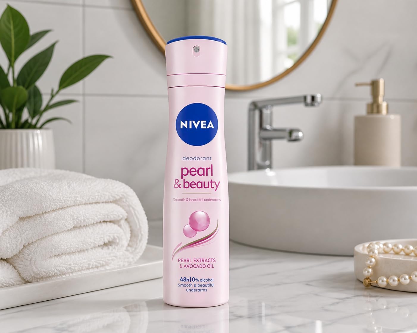 NIVEA Pearl & Beauty Antiperspirant Spray for Women, 0% Alcohol, Gentle Skin Care, Long-Lasting Freshness, Pearl Extract for Smooth Underarms, Dermatologically Tested, 150ml, Pack of 2