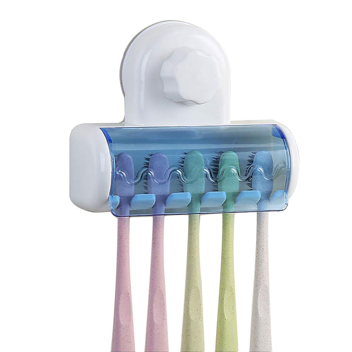 BLAGO Toothbrush Holder - 5 Toothbrush Storage Set - Wall Mount - Plastic Brush Storage Holder with Cover for Bathroom - Magic Annularity Suction Cup - Toothbrush Holder
