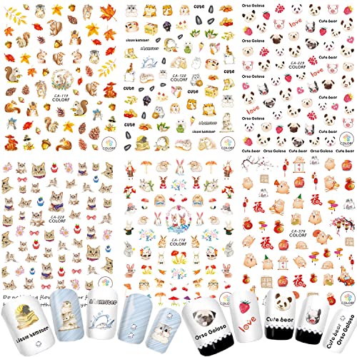 6 Sheets Cute Animal Nail Art Stickers Cat Dog Bear