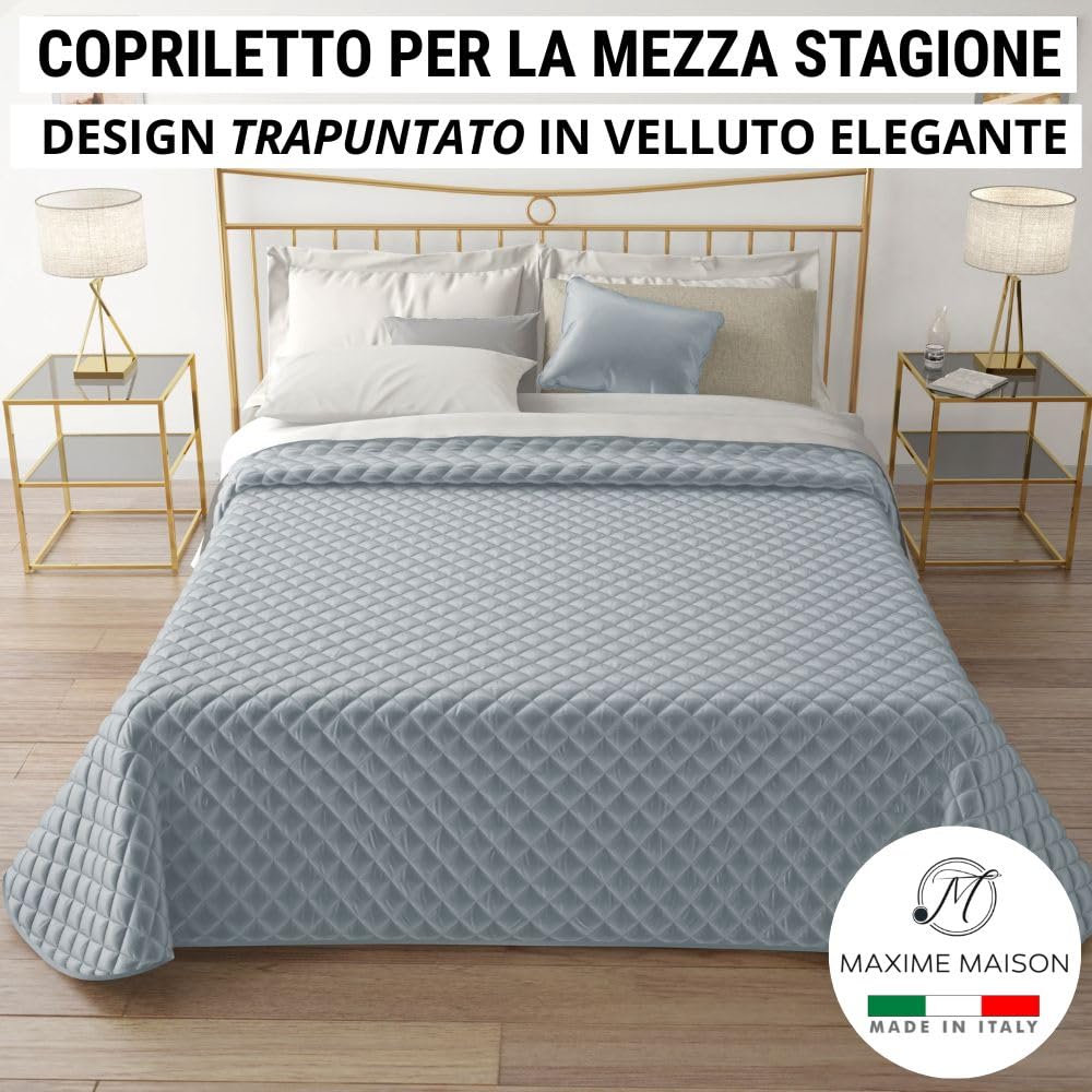 MAXIME MAISON - Colcha de matrimonio para primavera y otoño, acolchada, de suave terciopelo elegante, colcha matrimonial ligera, fabricada en Italia, sensación de auténtico lujo al tacto (gris perla)