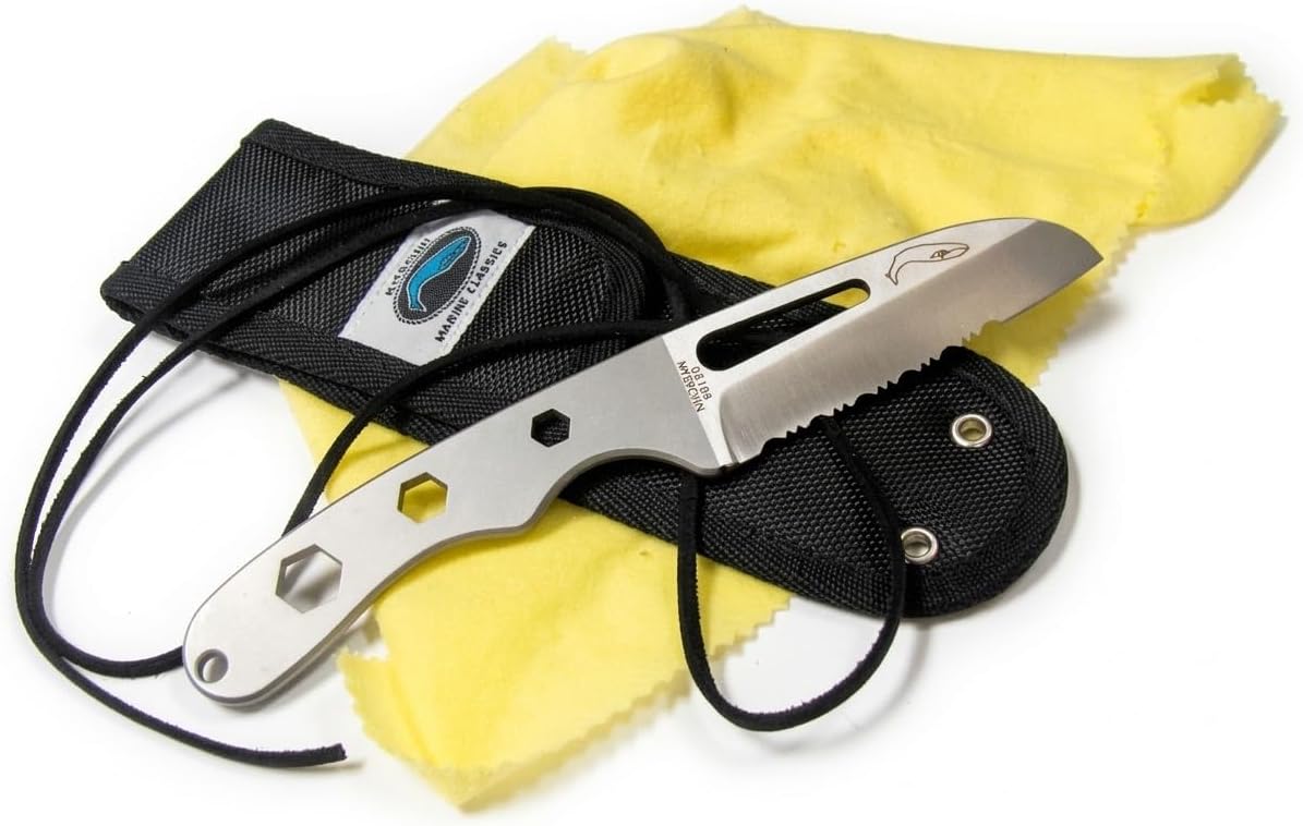 Myerchin Generation 2 A510P Offshore Safety & Dive Pro Knife Bundle - German Marine Stainless Steel Serrated Blade with Leather Lanyard & 11x15 Silicone Treated Polishing Cloth