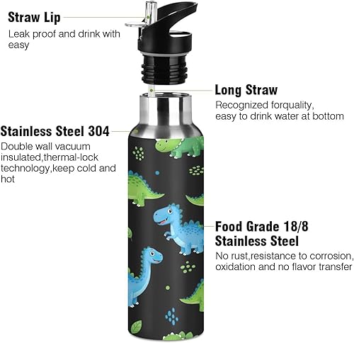 Miniatura 3 de Stainless Steel Vacuum Insulated Water Bottle 32 Oz, Leakproof Water Bottles for Gym Outdoor Travel School, Cartoon Dinosaurs Dot Black