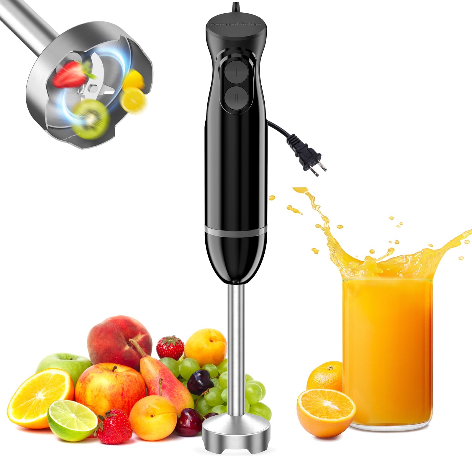 Bonsenkitchen Hand Blender, Immersion Blender with 2 Mixing Speed, Electric Handheld Mixer Portable Stick Mixer with Stainless Steel Blades for Soup, Smoothie, Puree, Baby Food