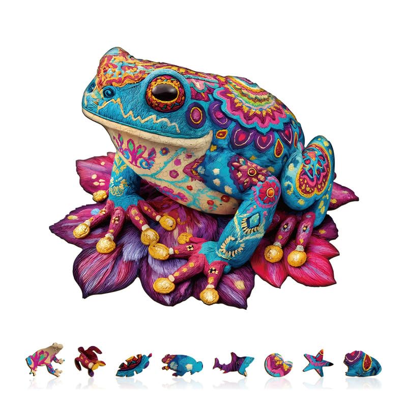 Jigfoxy Wooden Puzzles for Adults, 190-Piece Embroidered Frog Jigsaw Puzzle, Unique Animal-Shaped Jigsaw Puzzle for Adults and Teens, Creative Gift with Premium Wooden Box,13.4 * 11.3in