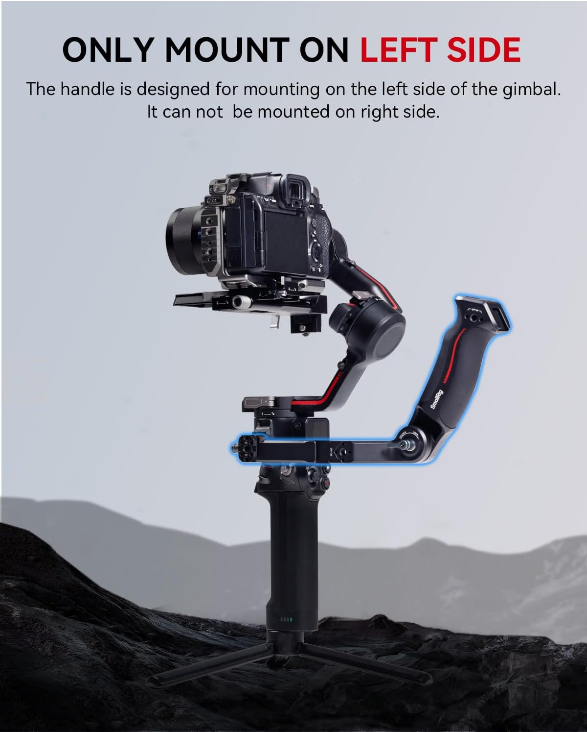Illustration showing the SmallRig Sling Handgrip mounted on the left side of a DJI gimbal, with a clear note that it can only be mounted on the left side.