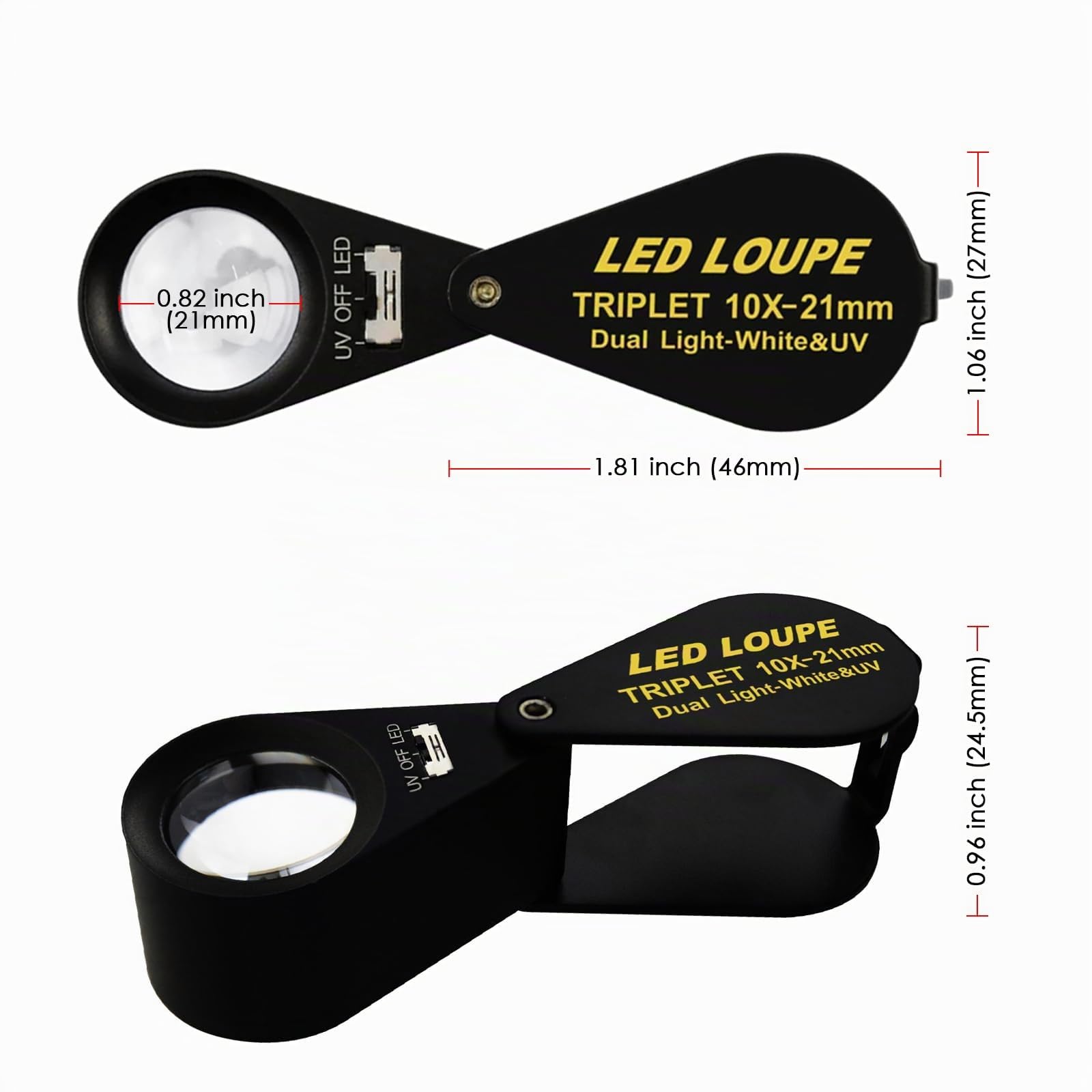 Loupe Bijoux 10x LED UV 21 mm Lentille Triplet Verre Optique Outil de grossissement de Poche Bijoutier, philatéliste, numismate