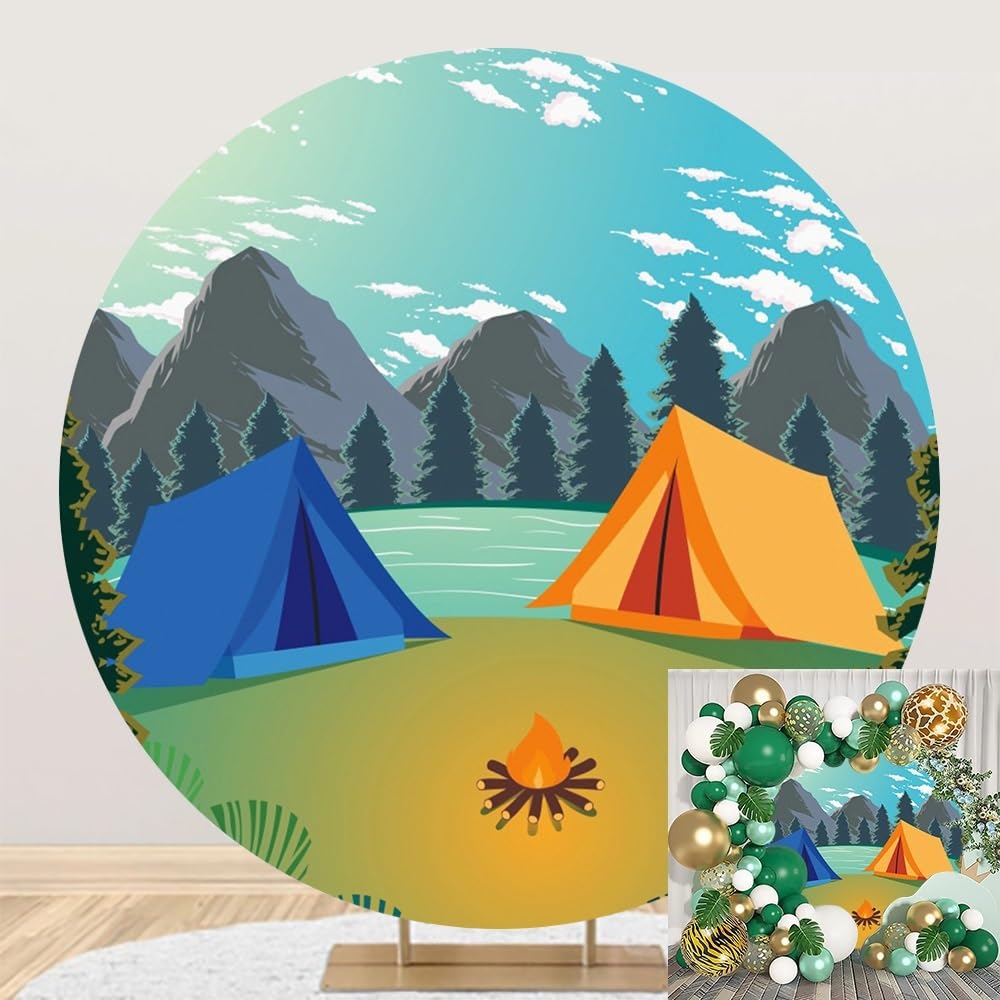 TTQYFNM 7x7ft Cartoon Camping Round Backdrop Cover Polyester Mountains Lakes Campfire Tent Circle Photography Background for Camping Theme Party Kids