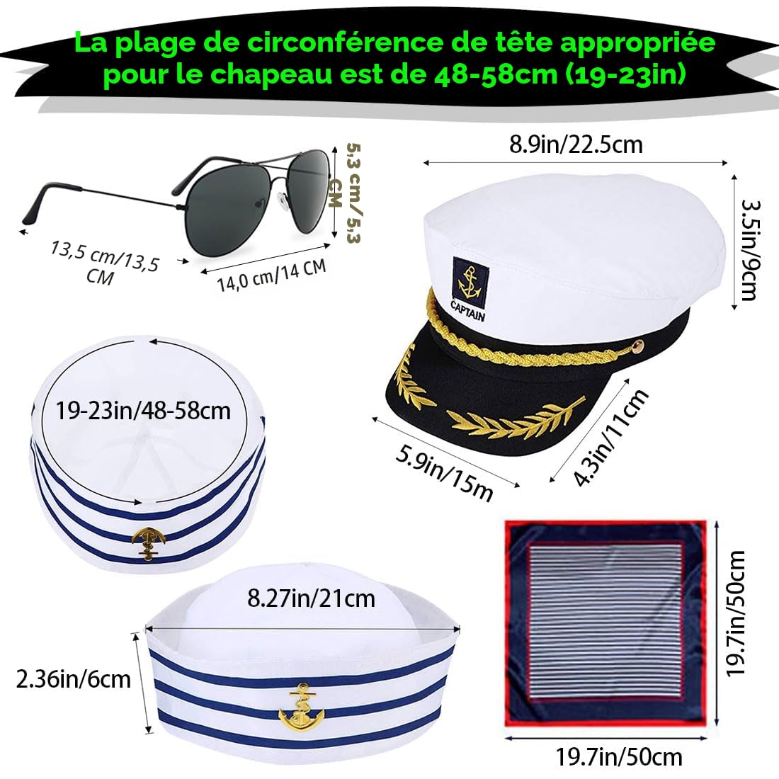 Lot de 4 Chapeau de Capitaine de Marin,Lunettes de Soleil et Écharpe | Chapeau Capitaine Bateau Adulte, Ensemble de Costume Capitaine Marin, Accessoires de Costume Marin pour Fête Halloween