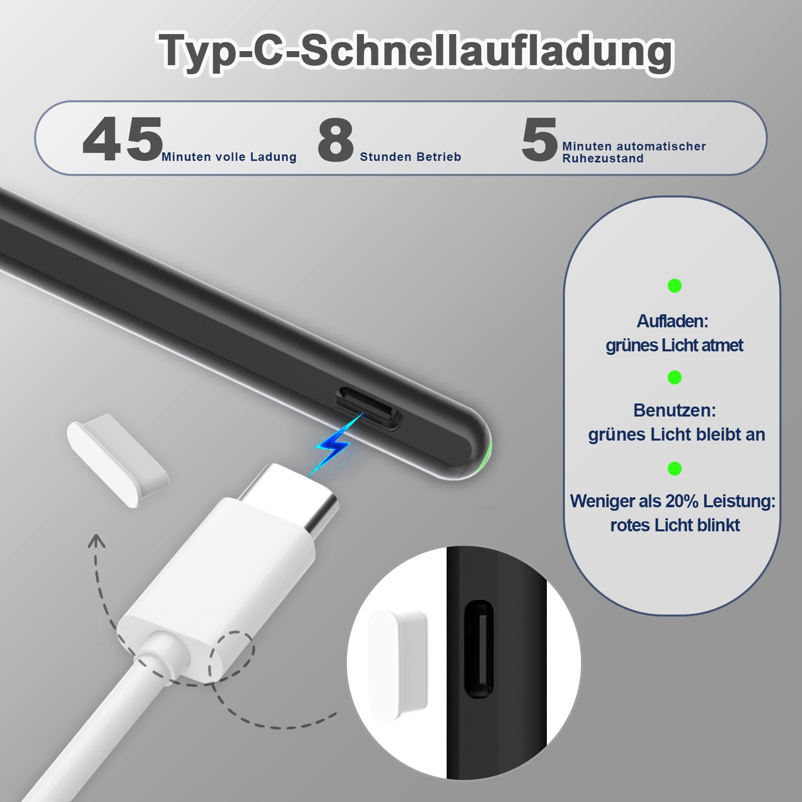 Stift für Apple iPad 2018-2026, Magnetisches Kabelloses Laden und USB C Schnellladung Pencil für iPad Pro 13”(M4)/12,9”/11”, Air M3/M2/5/4/3, Mini (A17Pro) 7/6/5, (A16) 11/10/9/8/7/6th Generation