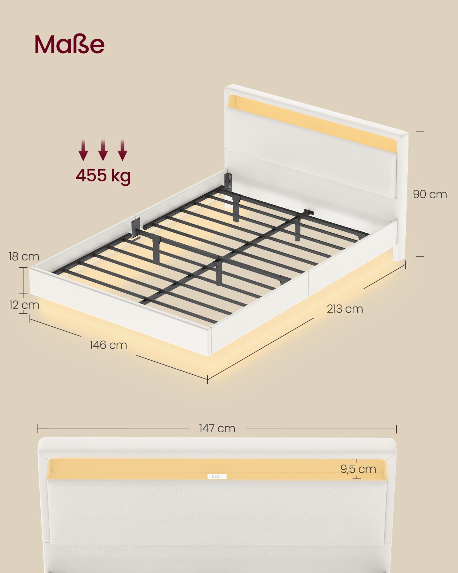 VASAGLE Bettgestell, Doppelbettgestell, 140 x 200 cm, schwebender visueller Effekt, Bett mit LED-Beleuchtung, hohem Kopfteil, Ladestation, modern, wolkenweiß RMB864W01