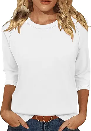 KISSMODA Tunic Tops for Women Loose Fit Dressy Round Neck Pleated 3/4 Length Sleeve Spring Tops