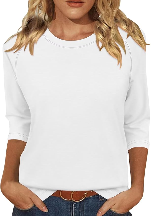 KISSMODA Tunic Tops for Women Loose Fit Dressy Round Neck Pleated 3/4 Length Sleeve Spring Tops