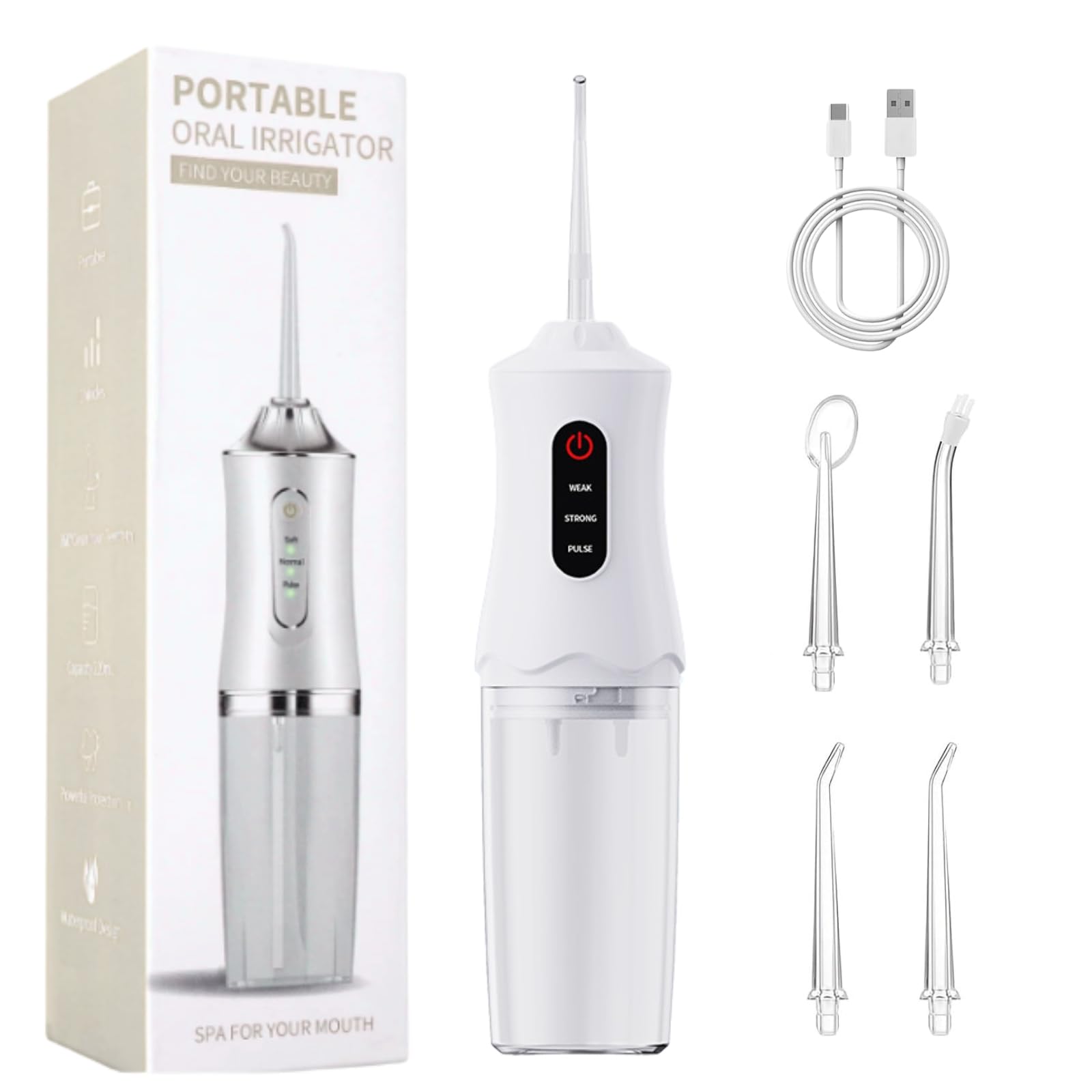 Irrigador Dental Portatil Higiene Bucal Viaje Water Flosser Irrigadores Dentales Sarro Dental Limpiador Jato de Agua Dientes Presion,Water Floss con 4 Boquillas 1 Cable,Blanco, Recargable