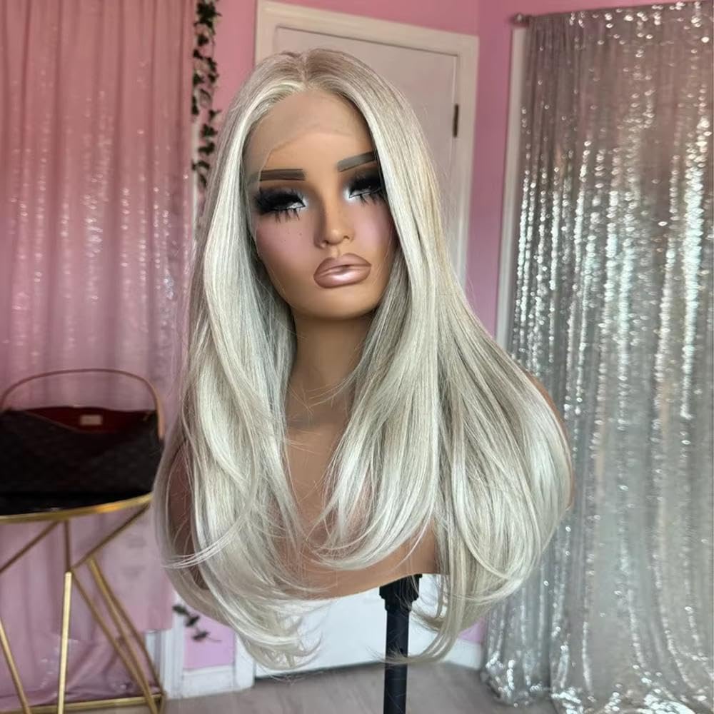 Haarpflege Cremige Aschblonde Balayage-Perücke HD Unsichtbare Spitzenfrontfaser Gerade Damenperücken 13 X 4 Klebefrei Leicht Zu Tragen