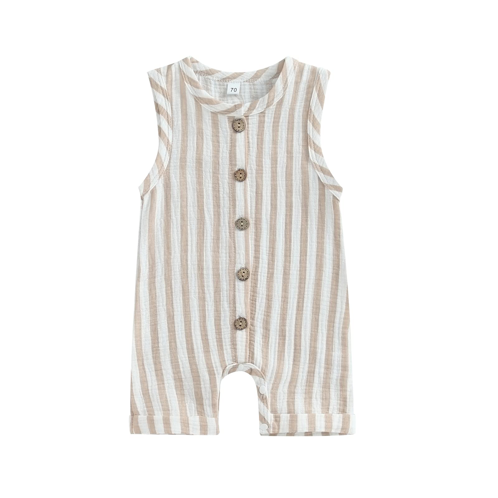 Infant Baby Boys Girls Cotton Linen Jumpsuits Sleeveless Button Down Striped Short Overalls Romper Summer Fall Outfits (Light Brown, 12-18 Months)