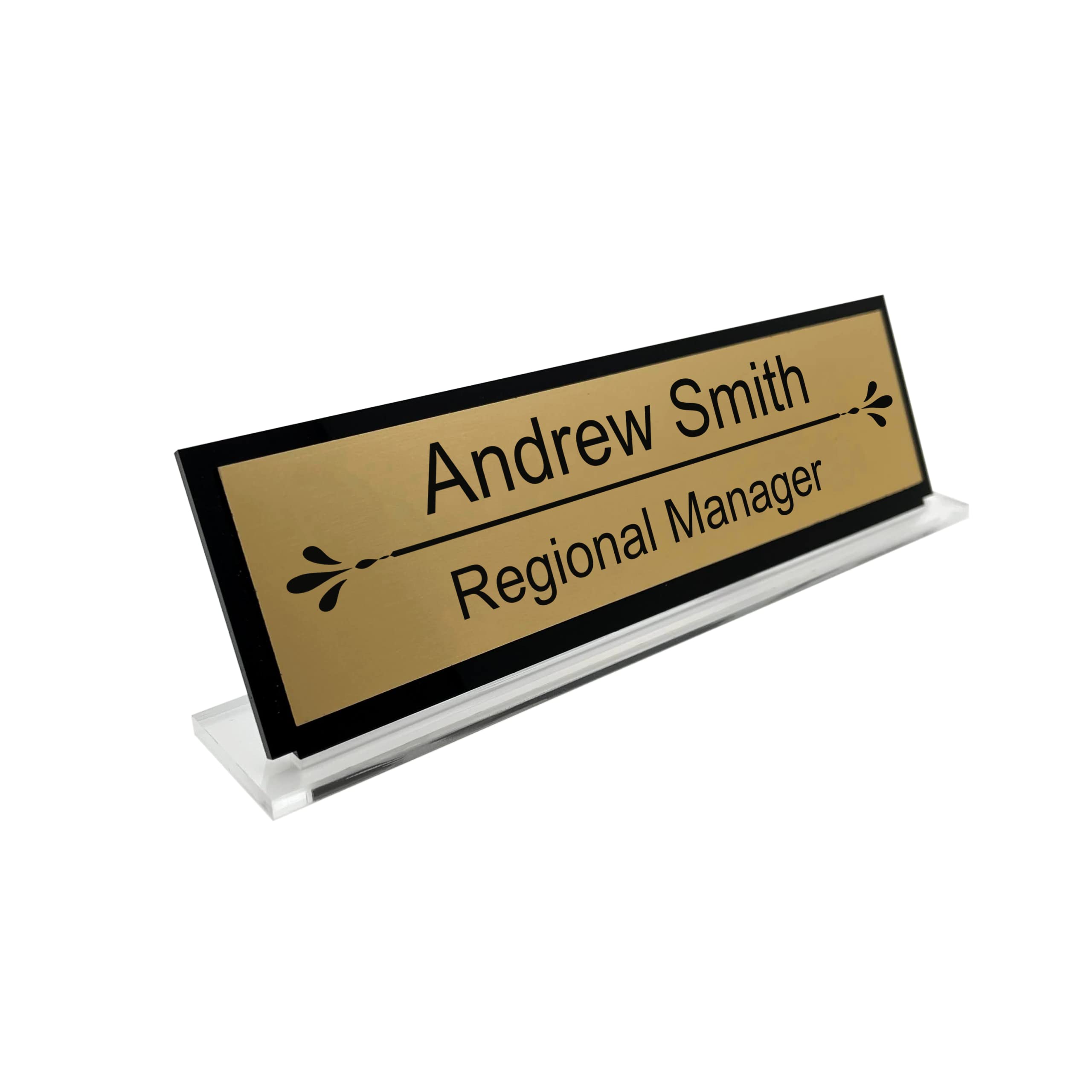 Badgemaster Custom Personalised Engraved Standing Central Line Pattern Acrylic Office Home Desk Name Plaque Gold/Silver Front Plate Bespoke Modern Gift Teacher Graduate Manager Assistant Executive