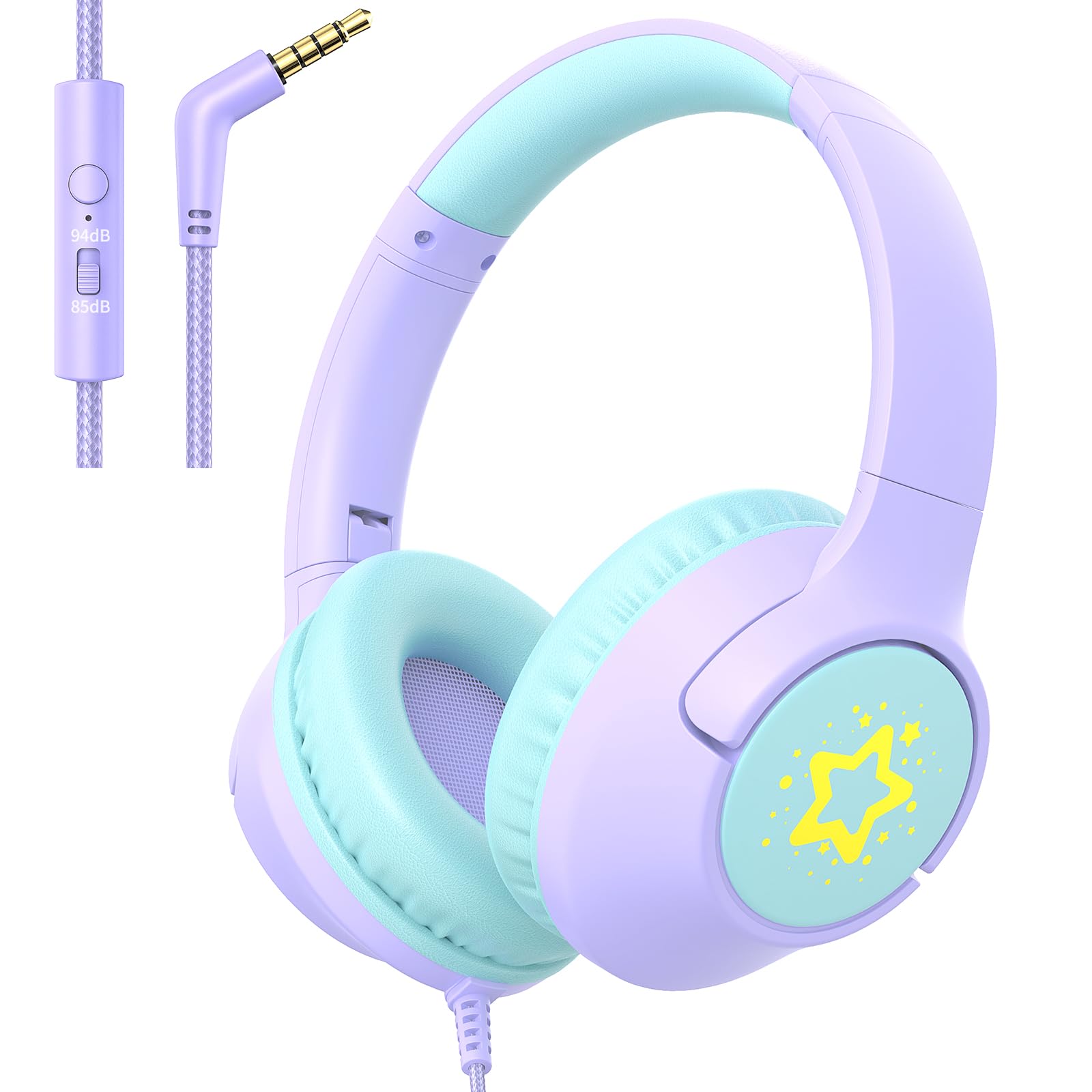 Kids Headphones with Cord for School, 85/94dB Volume Limit, Wired Headphones Over Ear for Kids Boys Girls with Microphone, Stereo Sound 3.5mm Jack for Kindle, Tablet, Airplane Travel (Purple)