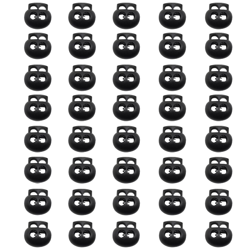 Yftrfr Unisex Black 40 Pcs Spring Loaded Round Toggle Stopper Cord Locks Shoe Lace Tie Locks Plastic For Shoelaces Clothing Backpack Hats Bags Drawstrings Double Hole Drawstring Stopper Fastener