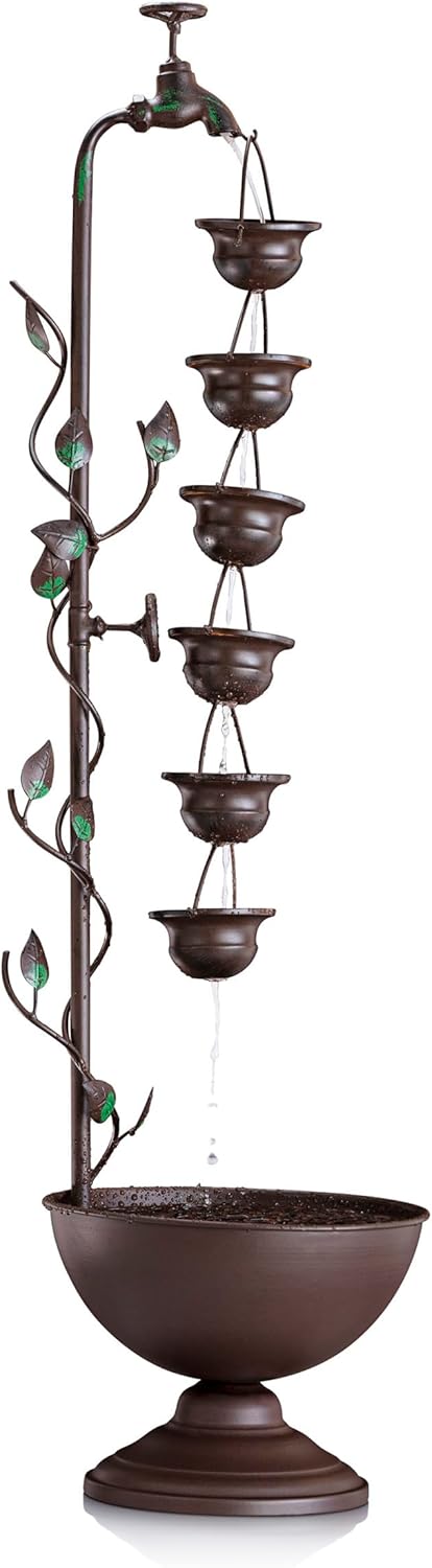 Alpine Corporation MAZ254 Outdoor Floor Tiered Vintage Water Fountain w/ 6 Hanging Cups