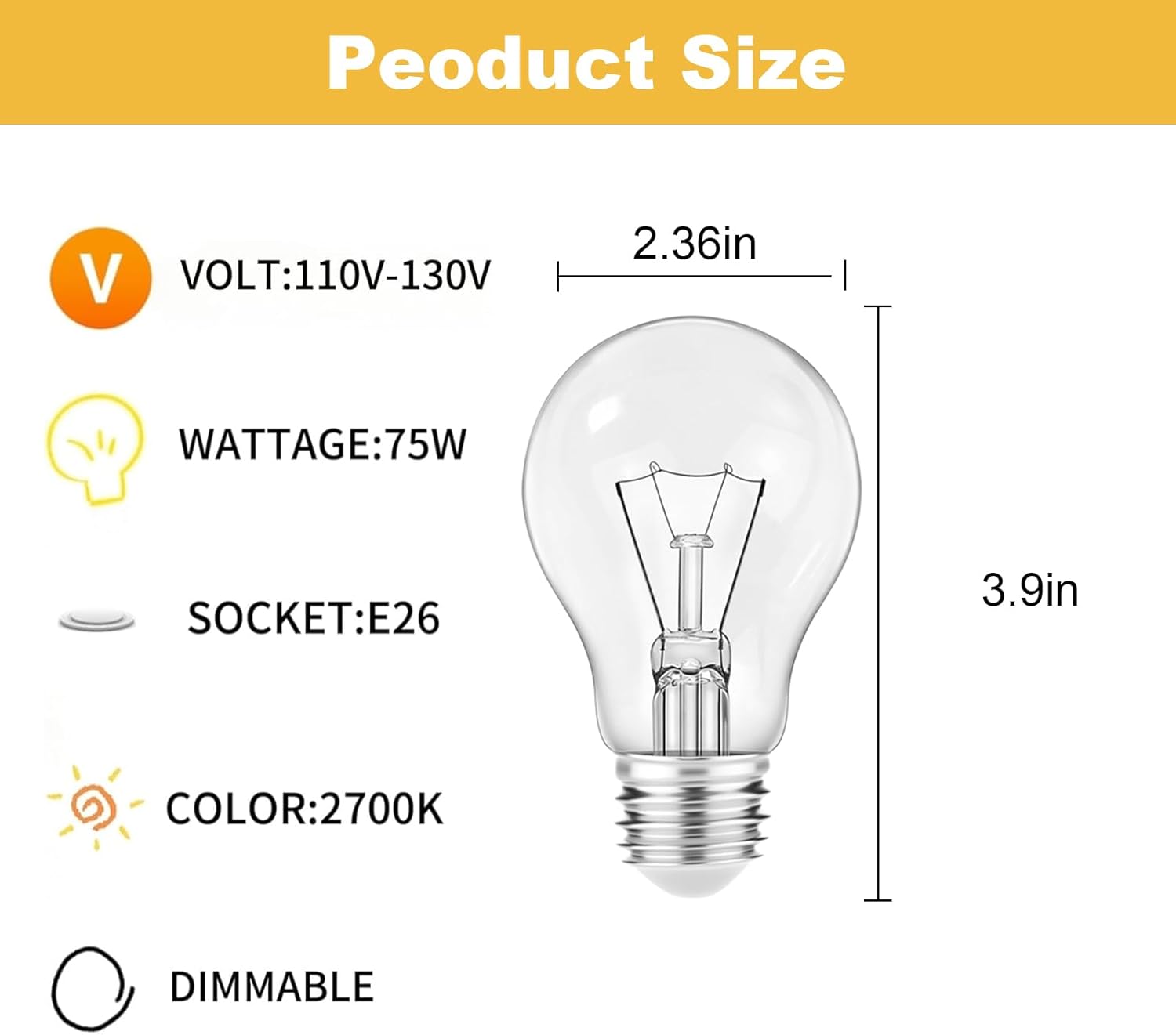 Incandescent Light Bulbs 75 Watt,A19 Light Bulbs Incandescent 60+ watt Soft White(4 Packs)