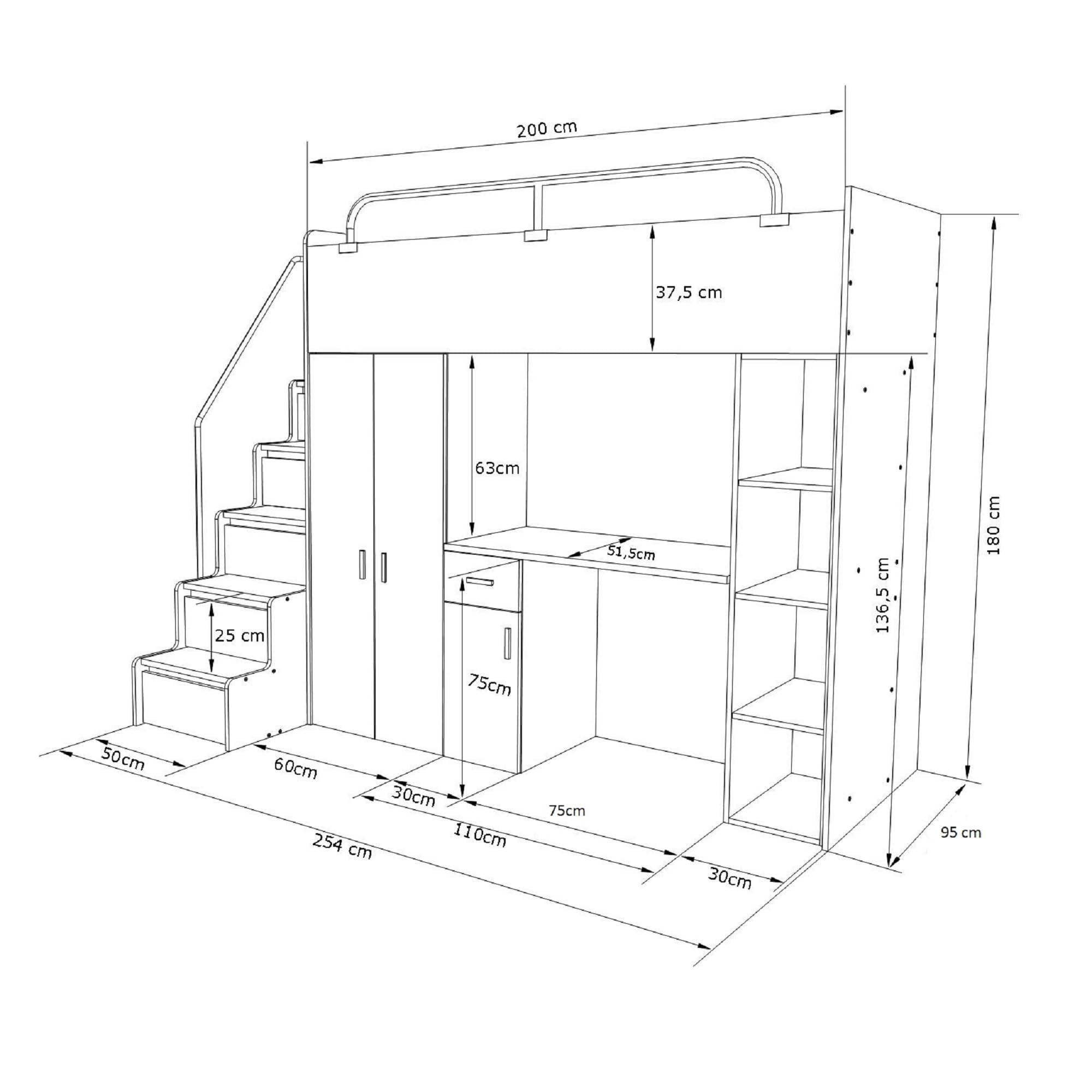 Hochbett JSM-4 90x200 mit Kleiderschrank Schreibtisch und Treppe Hochglanz Kinderbetten Funktionsbett Etagenbett Stockbett Kinderhochbett Jugendhochbett (Weiß Glanz)