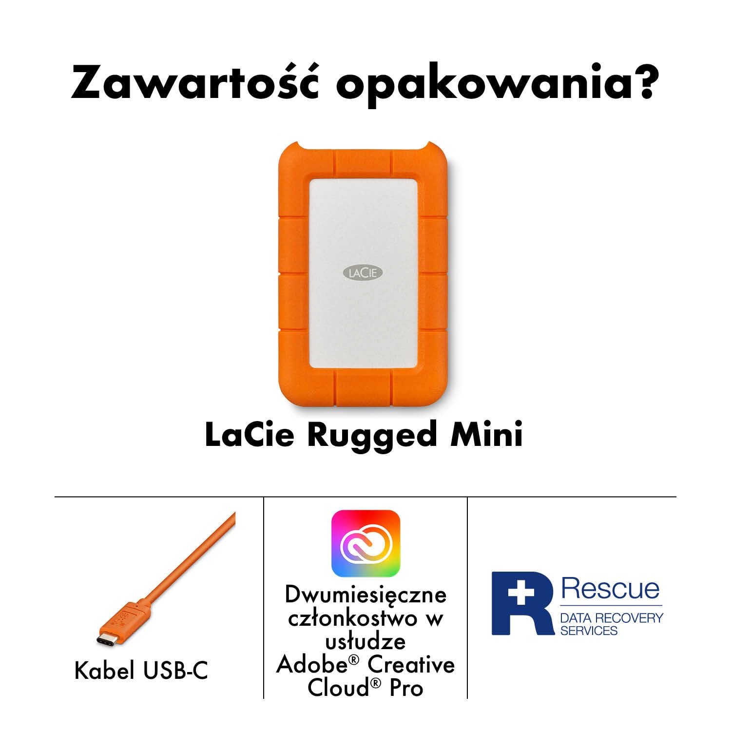LaCie Rugged Mini 4TB, Zewnętrzny dysk twardy przenośny, 2.5", PC Mac iPad & iPhone, Data Rescue Service (LAC9000633)