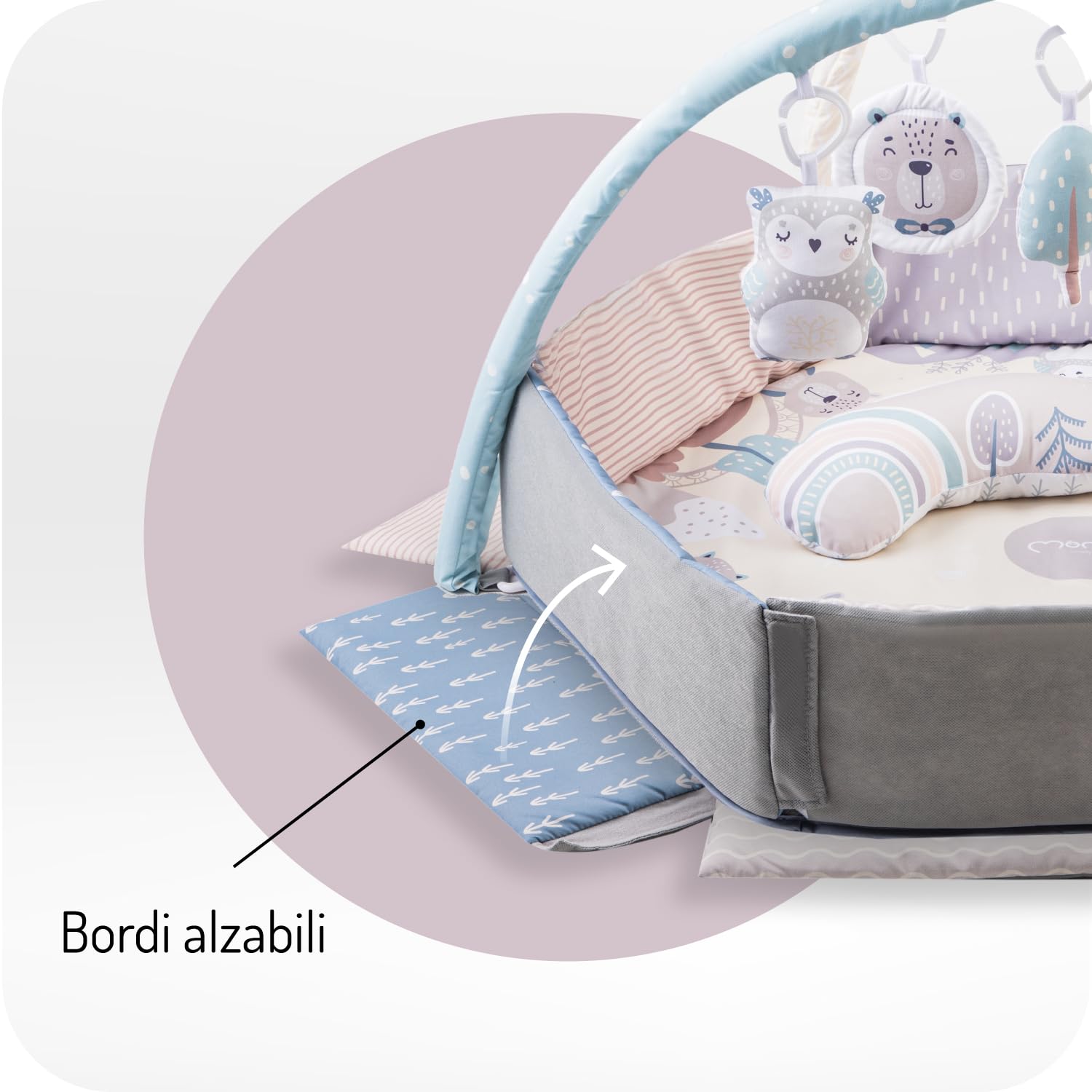 MoMi PASTEL arco gioco con tappetino per gattonare 3 in 1 per bambini dalla nascita, tappetino per attività sensoriali con 2 archi, bagno con palline,