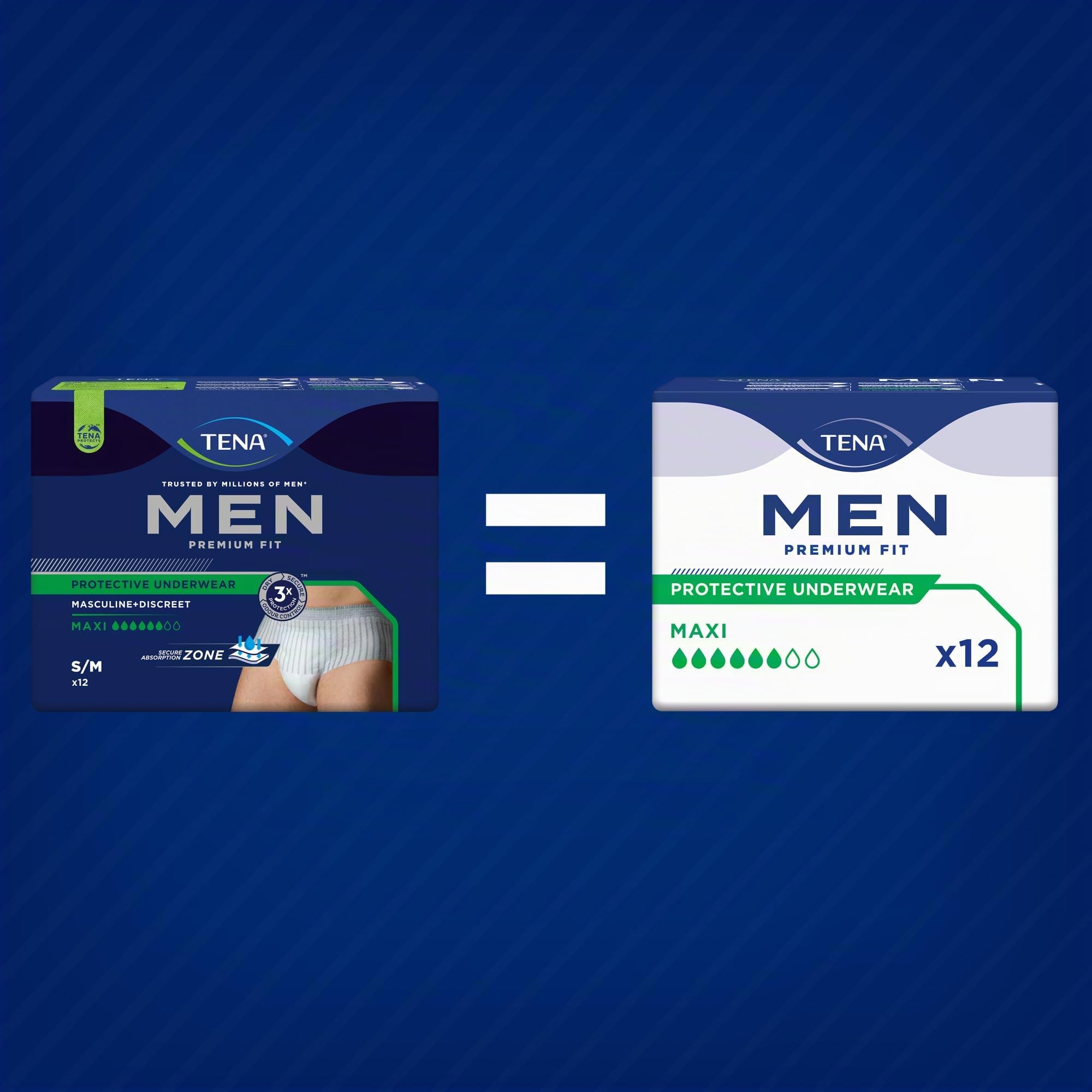 TENA MEN Premium Fit Protective Underwear, Livello di protezione 4, Pacco Scorta Mensile, Boxer Assorbenti per Perdite Urinarie, Elasticizzati, Monouso, per Uomo, 4 conf. x 12 Pezzi, M