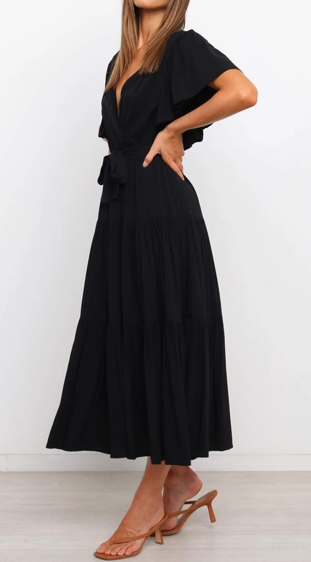 R.Vivimos Summer Dress for Women Cotton Ruffle Short Sleeves V Neck Casual Flowy Midi Dress with Belt