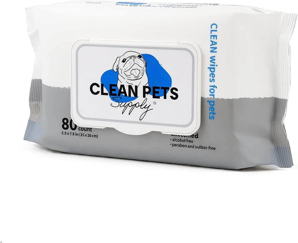 Toallitas para mascotas sin perfume para gatos y perros, toallitas de aseo hipoalergénicas y sin alcohol para patas, cara y cuerpo, fórmula para piel sensible, 80 unidades | Sin perfume. Sin alcohol. Seguro para perros y gatos.