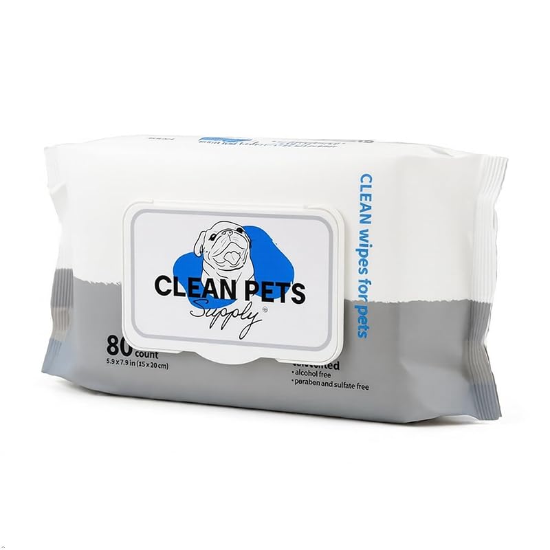 Lenços de Higiene para Cães e Gatos Clean Pets Supply, Sem Fragrância, Sem Álcool e para Pele Sensível, 80 Unidades