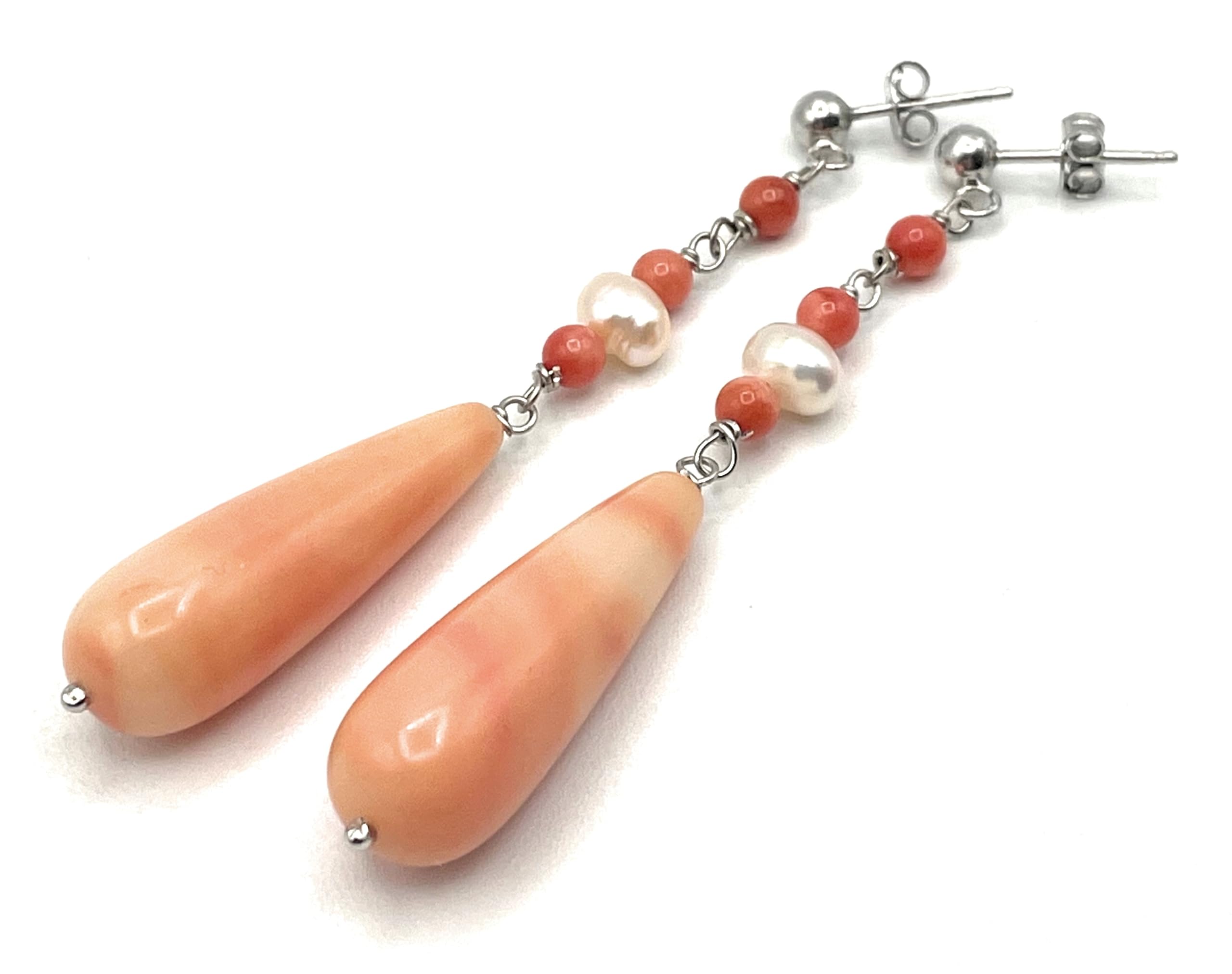 Orecchini Corallo Rosa e Perle Naturali, Pendenti in Argento 925 Made in Italy, Gioielli Pietre Dure, Bijoux Artigianali, Regalo per Lei