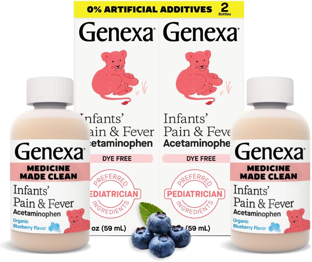 Genexa Infants' Clean Acetaminophen | Pediatrician Preferred Ingredients | Pain Reliever & Fever Reducer for Babies | Dye Free, 0% Artificial Additives | Organic Blueberry Flavor, 4 fl oz (2 Pack) Blueberry 2 Pack