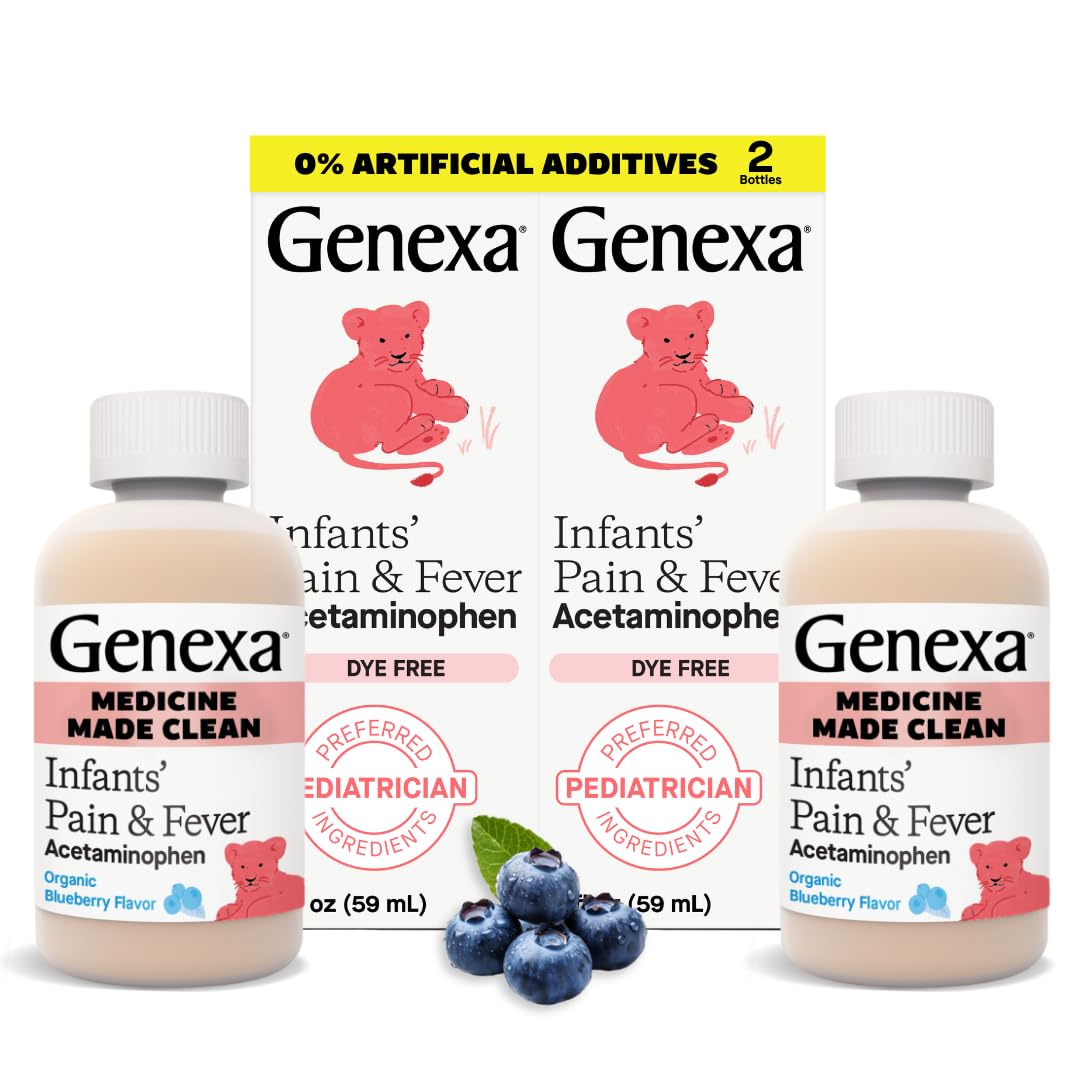 Genexa Infants' Clean Acetaminophen | Pediatrician Preferred Ingredients | Pain Reliever & Fever Reducer for Babies | Dye Free, 0% Artificial Additives | Organic Blueberry Flavor, 4 fl oz (2 Pack)